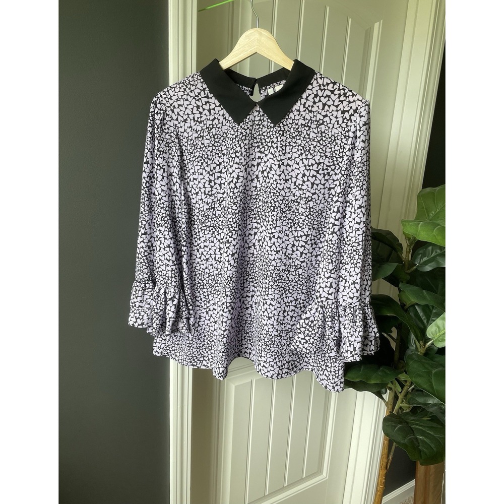 Elle Heart Print Blouse Black Lavender Ruffle Sleeve Point Chelsea Collar Size L